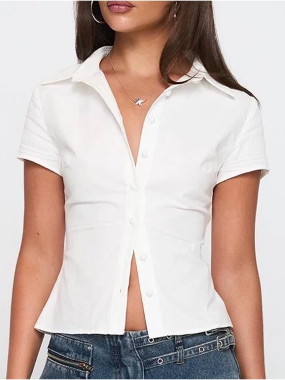 Women’s White Short-Sleeve Button Front Collared Top